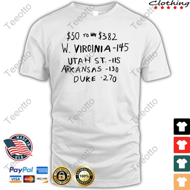 $50 To Win $382 W Virginia 145 Utah St 115 Arkansas 110 Duke 270 Shirts
